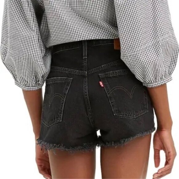 Levi’s 501 Button Fly High Rise Dark Wash Distressed Jean Shorts Black Size 26 - Picture 2 of 11